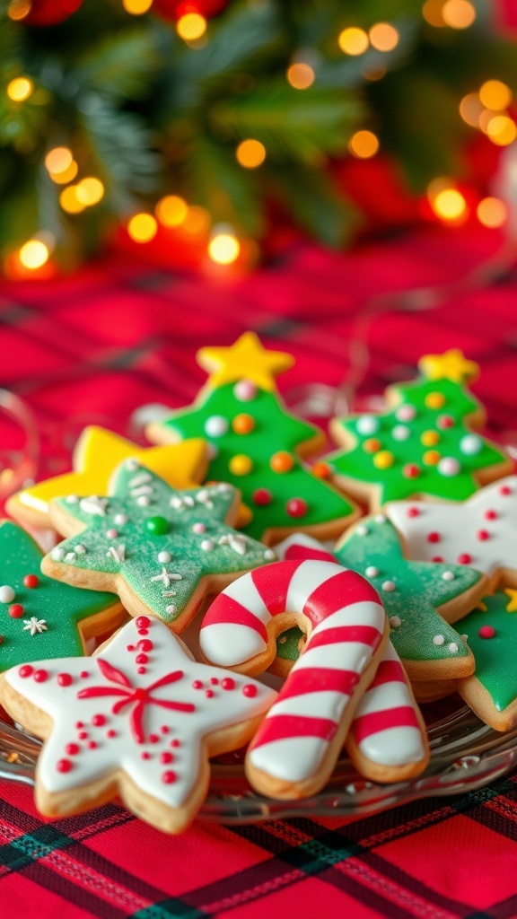 A variety of decorated Christmas cookies on a festive platter, including stars, trees, and candy canes.